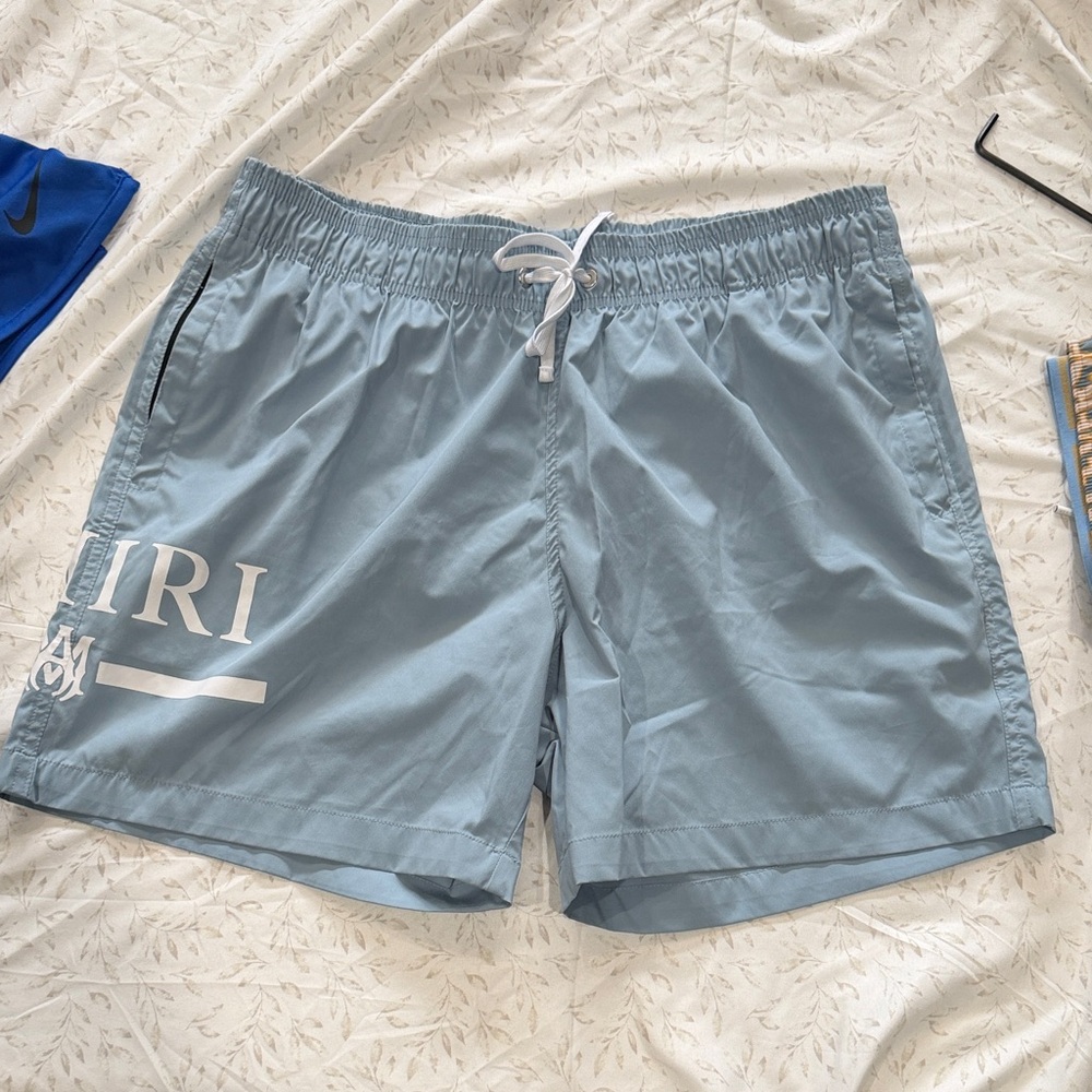 AMIRI Powder Blue Swim Trunks with White Logo
